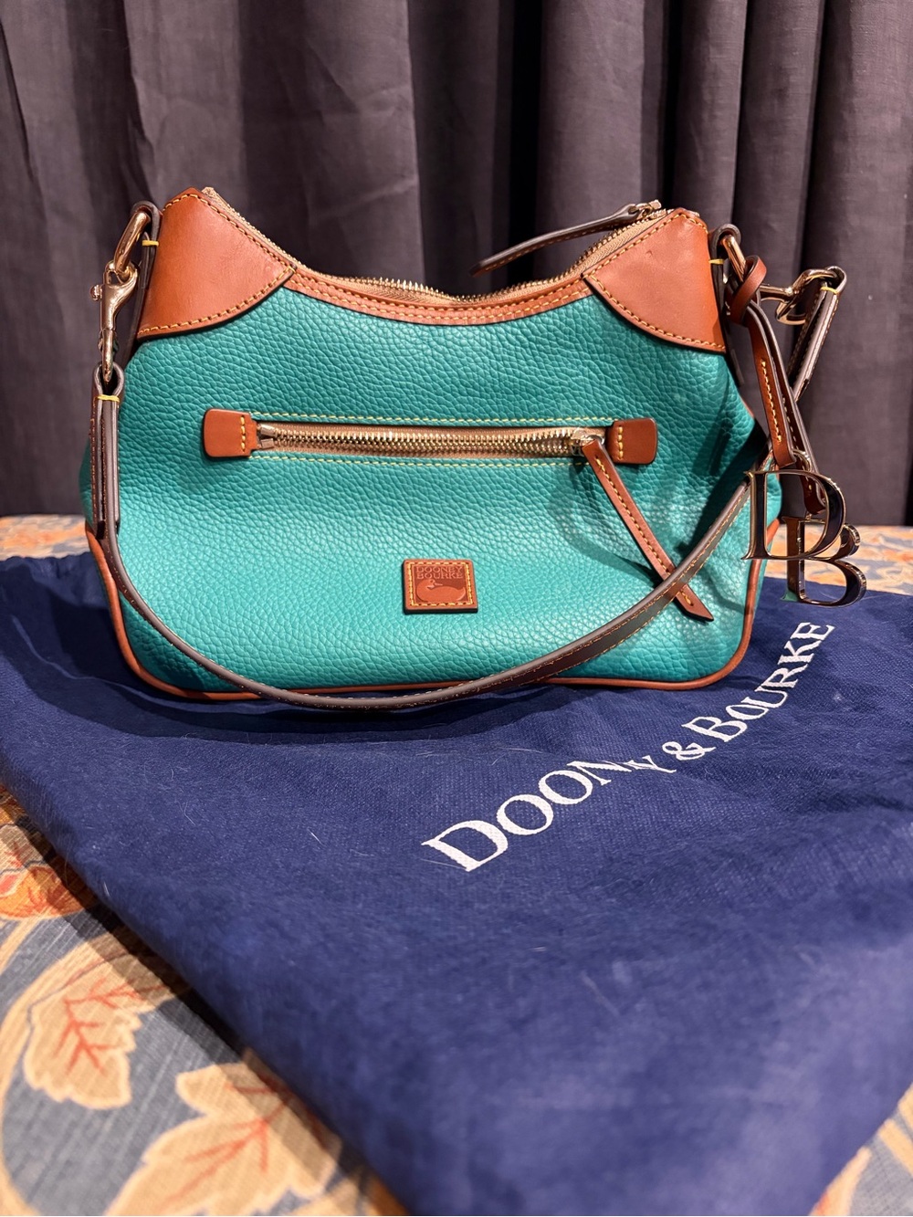 Dooney & Bourke Teal Leather Pebble Grain Small Hobo Bag with Brown Trim